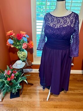 Jessica Howard Purple Sequined and Lace Bodice cocktail dress with 3/4 Sleeves